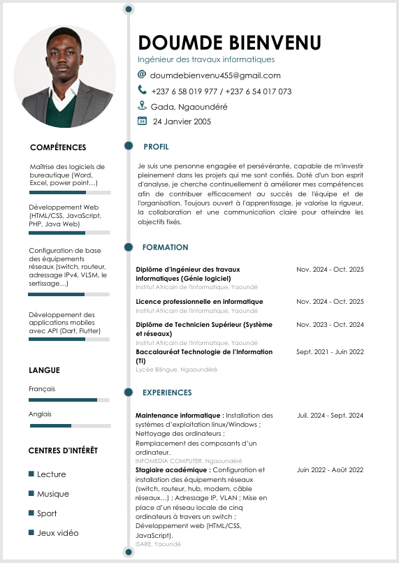 Aperçu du modèle de CV utilisé par défaut